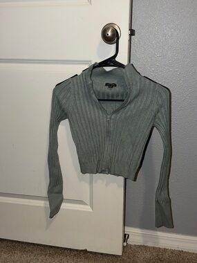 wild fable Sage Green Ribbed Zip-Front Cardigan